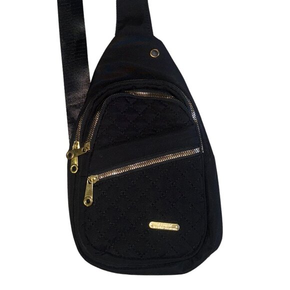 Black Crossbody Small Bag / Fanny Pack with Gold Zippers Quilted – Like New - Picture 2 of 9